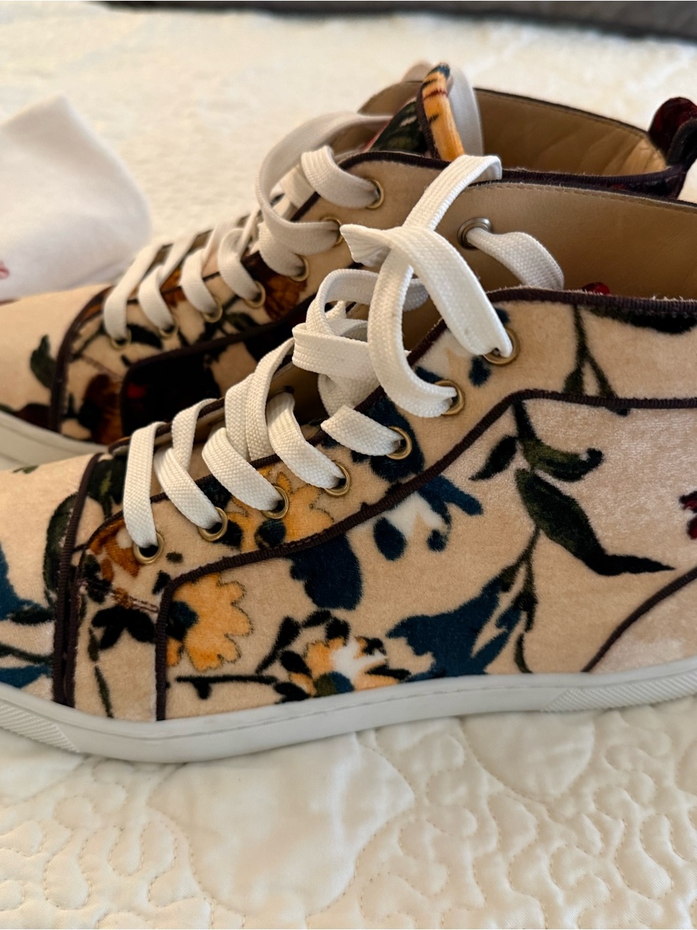 Christian Louboutin Beige Floral High-Top Sneakers with Navy and Yellow Accents